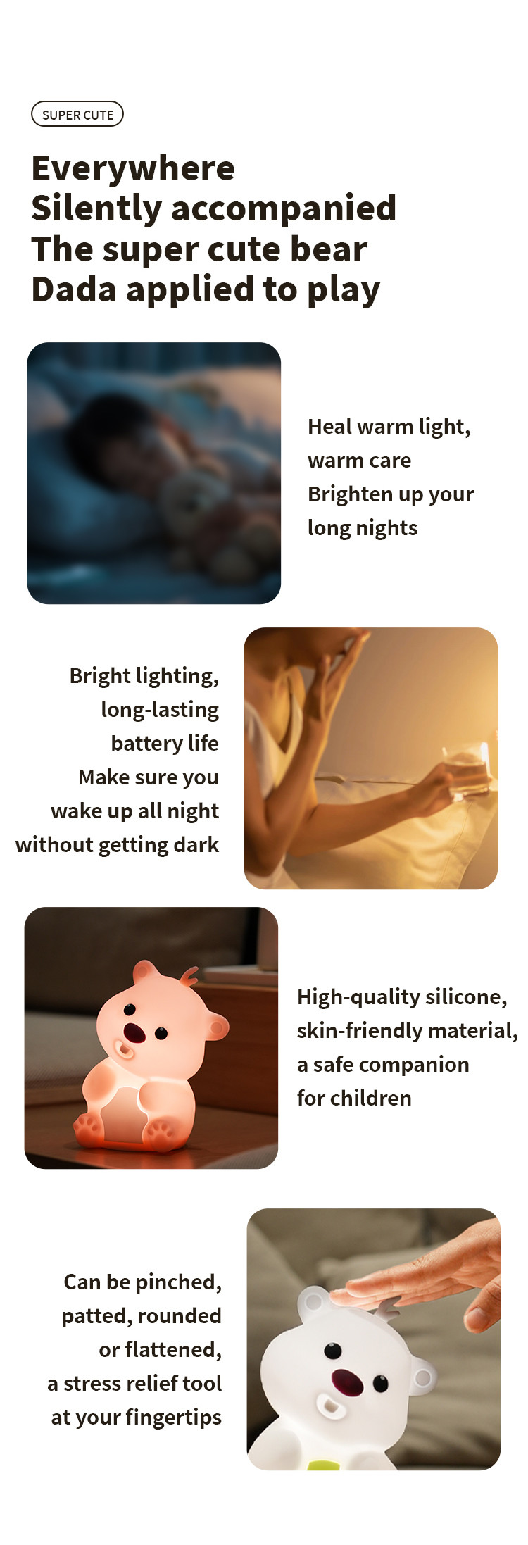 Cute Bear Shape Silicone Night Light Silicone Bedroom Decor Table Rechargeable Bedside Lamp
