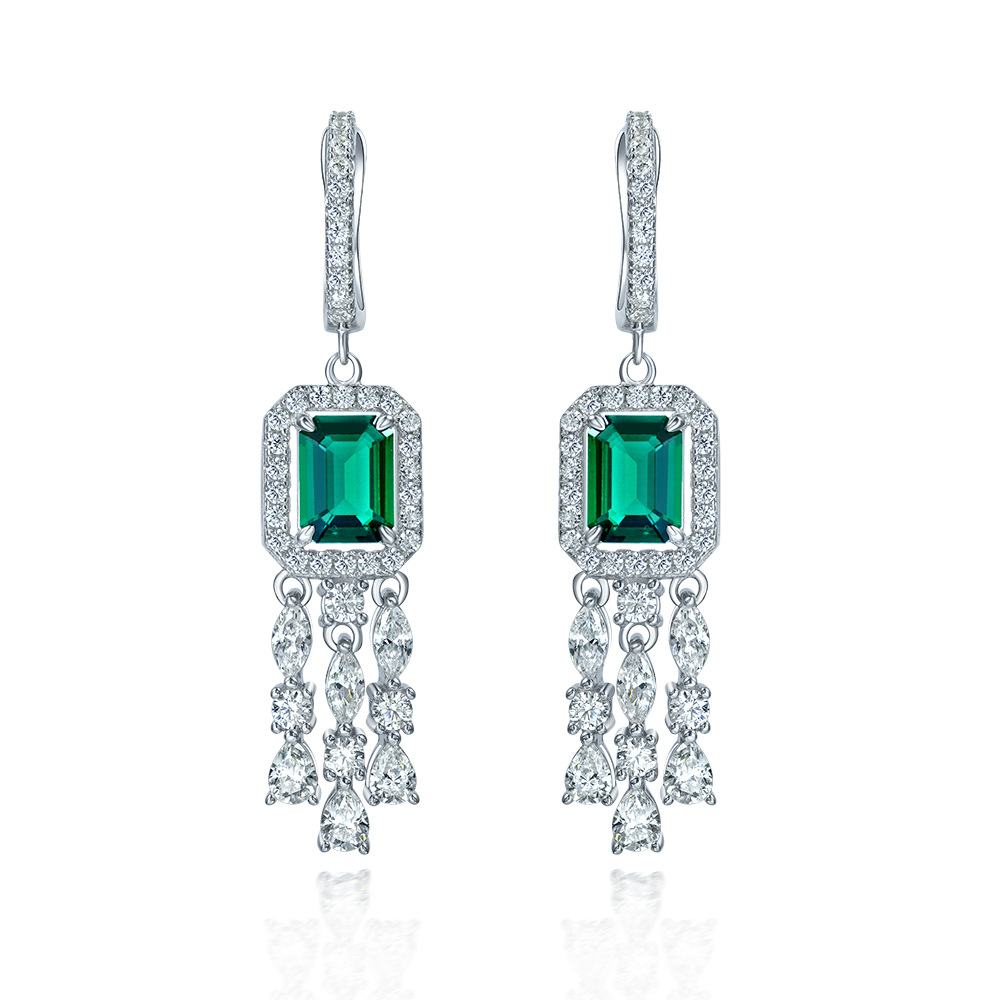 Real Sterling Silver 925 Green Baguette CZ Diamond Long Hoop Earrings for Unisex Wear