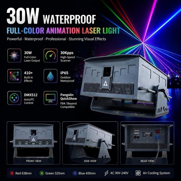 30W Waterproof RGB Laser Light Animation Projector IP65 Outdoor Party Stage DJ