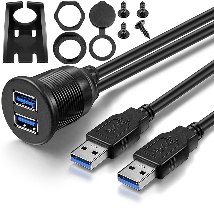 Waterproof Male to Female Aux Car Dashboard Panel Dual USB 3.0 Flush Mount Extension Cable for Motorcycle