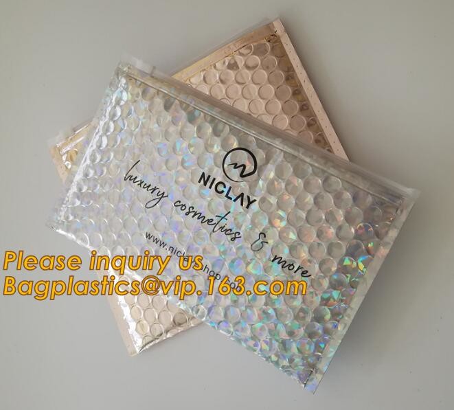 Holographic Factory Shiny gold Cosmetic bag Zipper Bubble Bag zip-lock Slider Padded Mailer metallic bubble zipper bagea