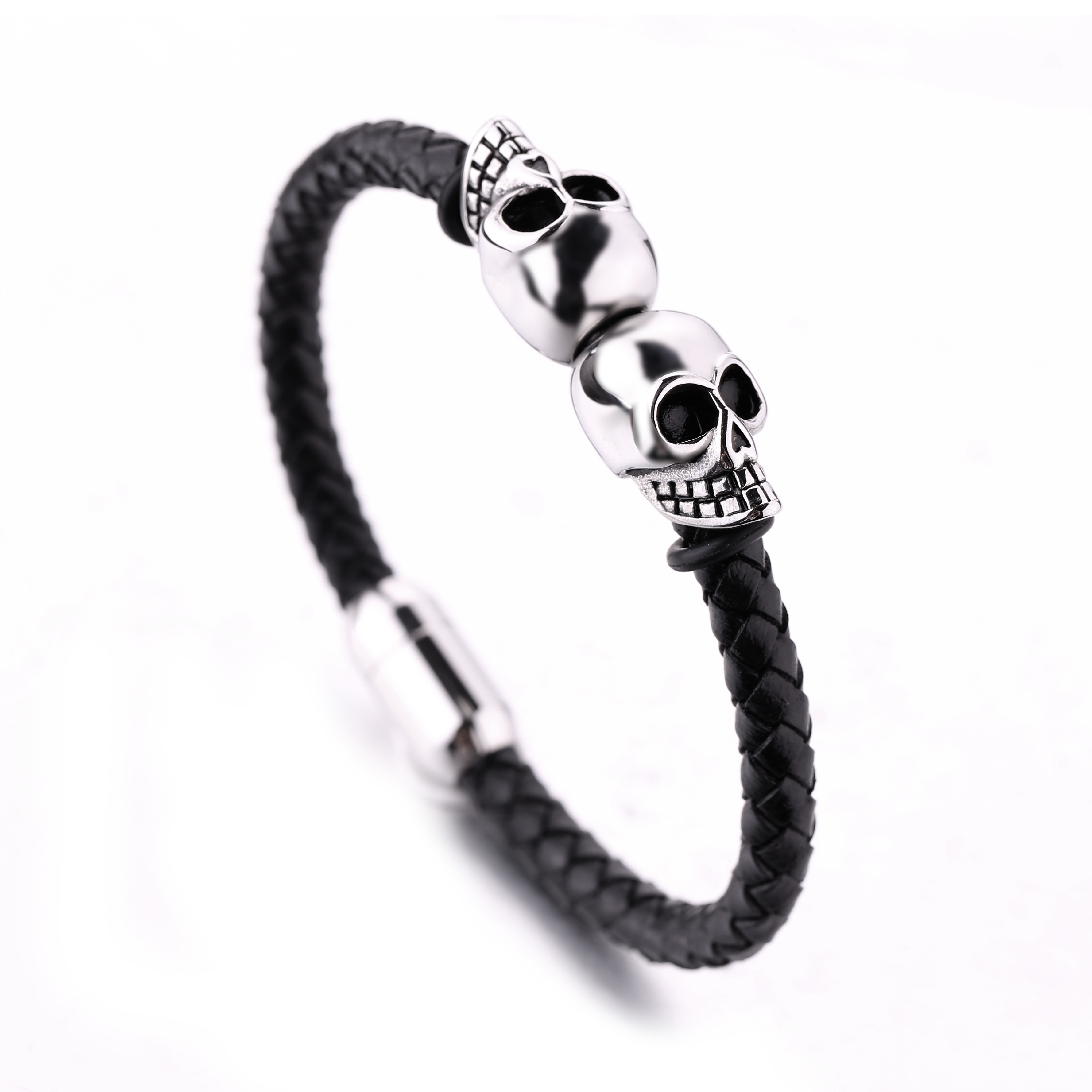 Fashion jewelry custom engraved leather bracelet stainless steel magnetic clasps leather men skull bracelet
