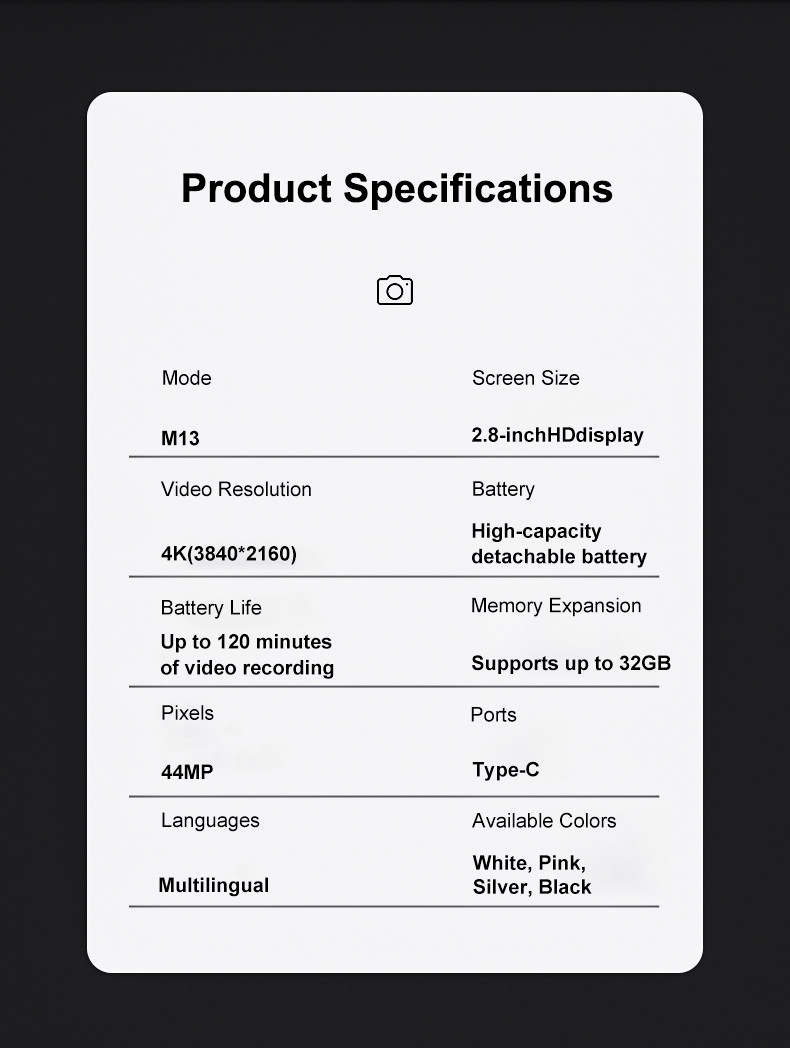 48MP Full HD Digital Video Camera Built-in Fill Light for Low Light Settings 32GB Storage Capacity