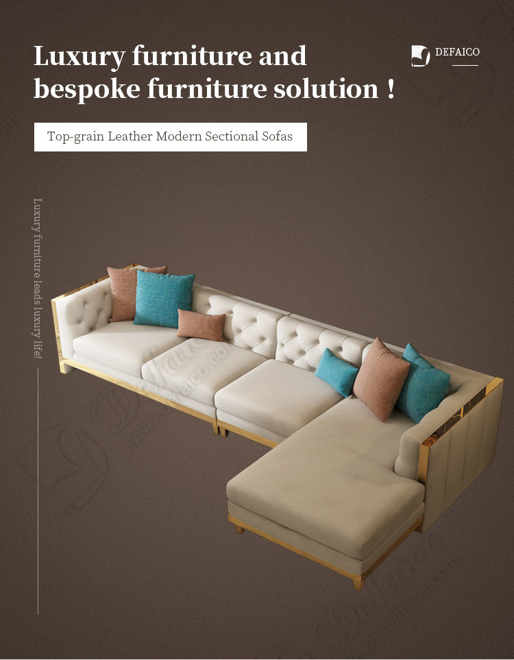 Beige Tufted Chesterfield Sofa Genuine Leather Sofa Set With Brass Base