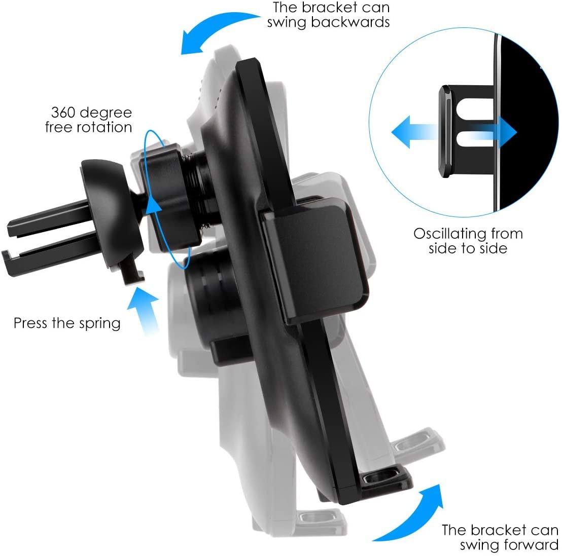 Wireless Car Charger Mount, 10W/7.5W Fast Charging, Adjustable Gravity Air Vent Phone Holder for Car Compatible with iPh