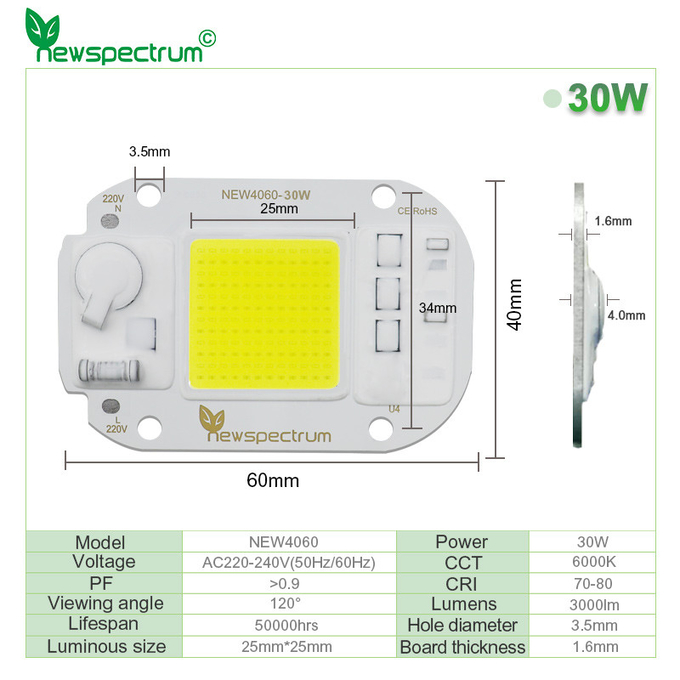 Thermal Resistance 50w Cob Led Chip 50HZ For Spotlight Floodlight