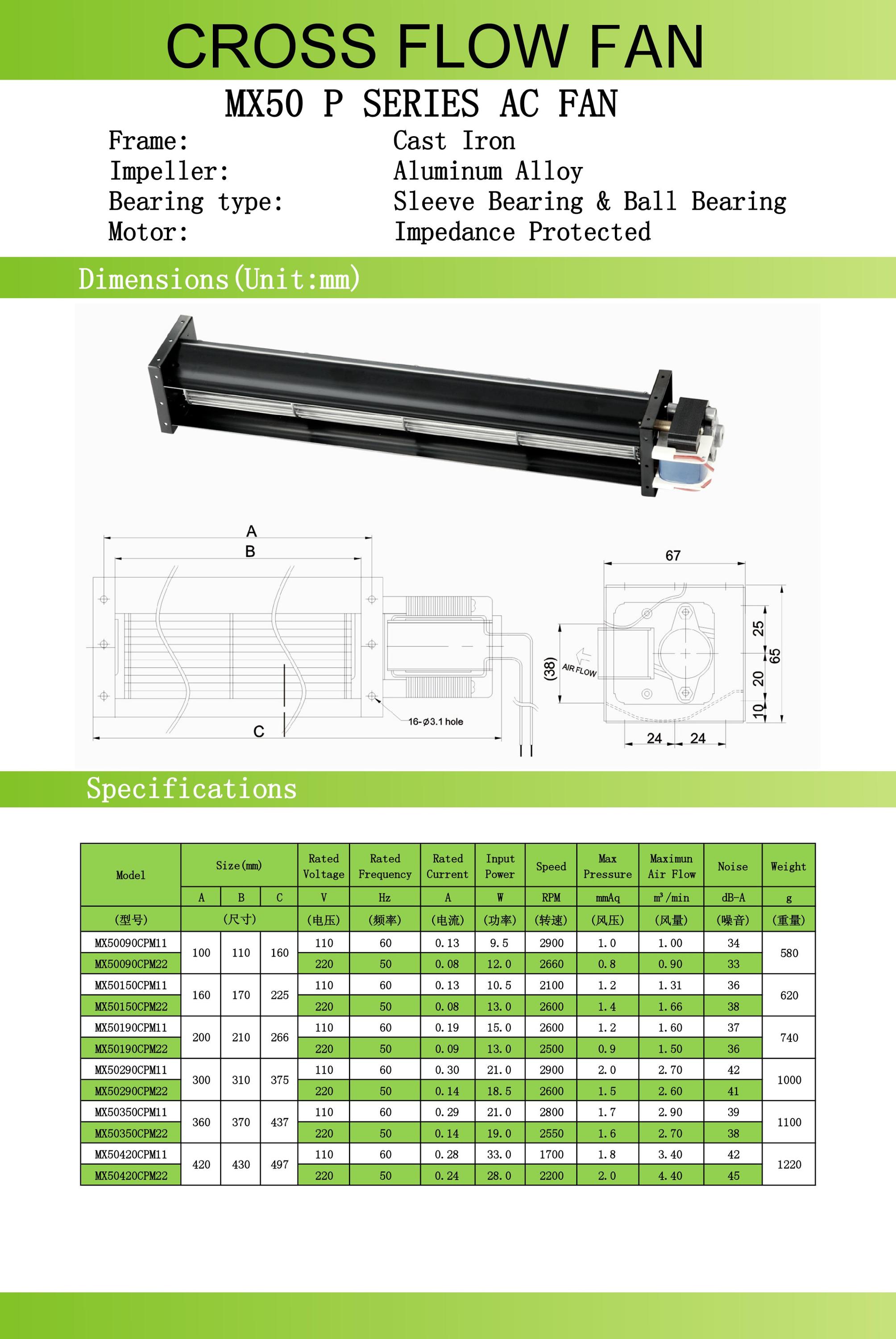 Elevator And Refrigerator Fridge Cooling Fan , AC Cross Flow Fan Radial Brushless Motor