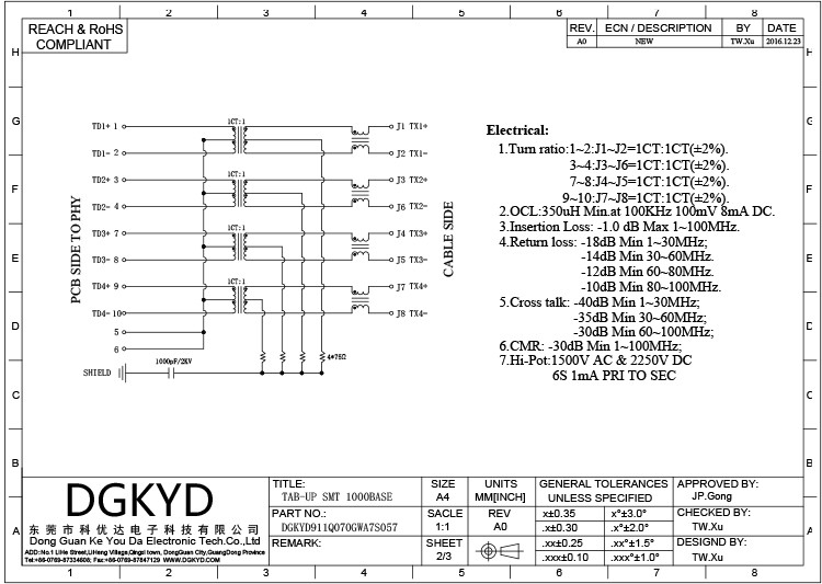 TAB-UP Gigabit Integrated Transformer Shielding SMT DGKYD RJ45 Network Connector Without Light