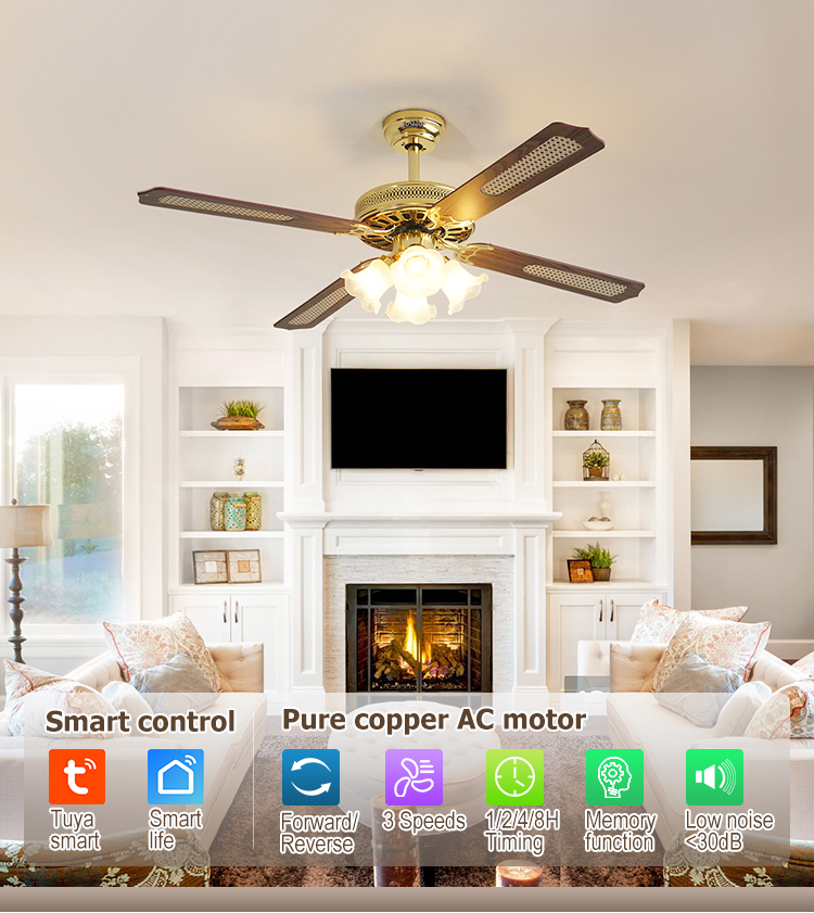 Fancy Luxury 52 Inches Ceiling Fan with 4 MDF Blades and 4 Light Kits in Gold Finish