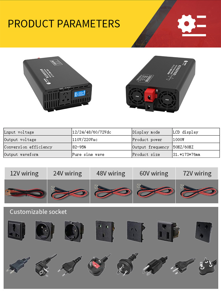 1000W 220V Home Car LCD Screen High Power Converter Inverter With Mppt Charge Controller
