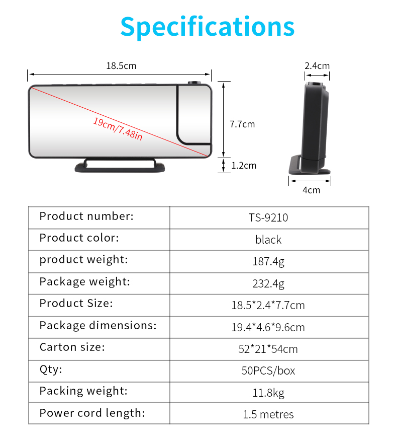 Student Desktop Room Thermometer LED Projection Alarm Clock With Makeup Mirror