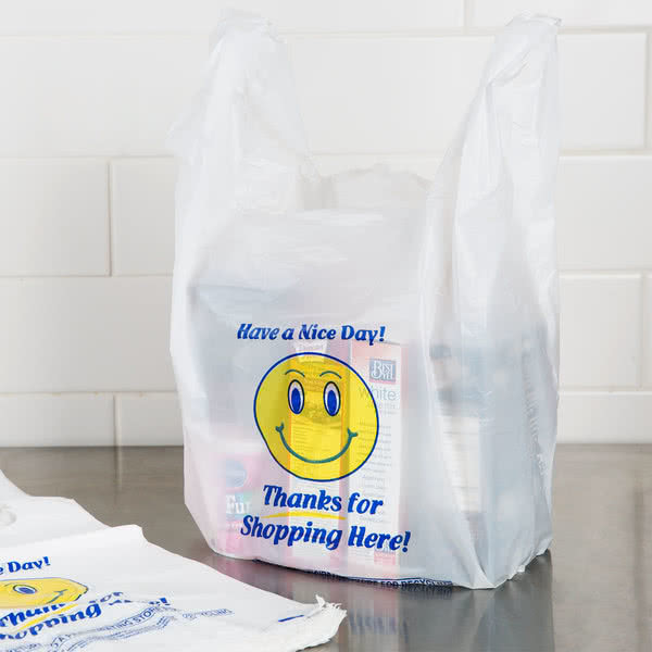 1 / 6 Size 0.71 Mil T Shirt Shopping Bags Heavy Duty Happy Face Pattern