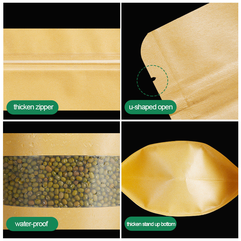 In Stock Kraft Stand Up Pouches With Reclosable Zipper For Rice Spices Beans Candy Snacks