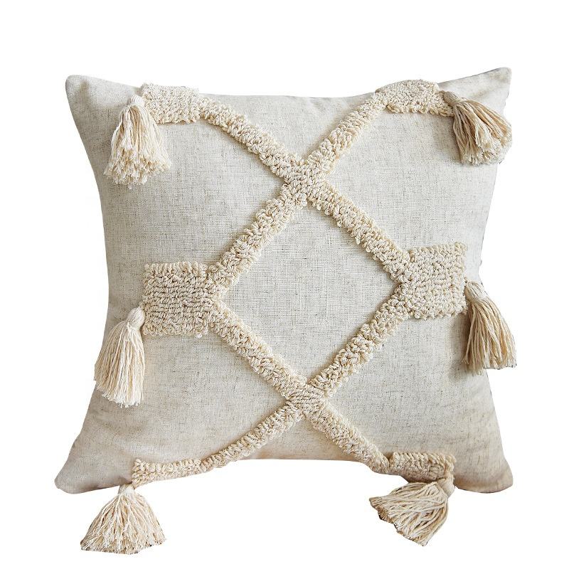 Customized Wabi-sabi Bohemian Style 3D Linen Type Loop Velvet Tassel Pillow Cushion