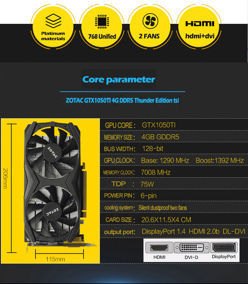 ZOTAC Nvidia Geforce GTX1050Ti 4gb ddr5 Hot Sale Chip Vga Card gaming laptop Gpu Video outut Dvi Desktop Graphics card