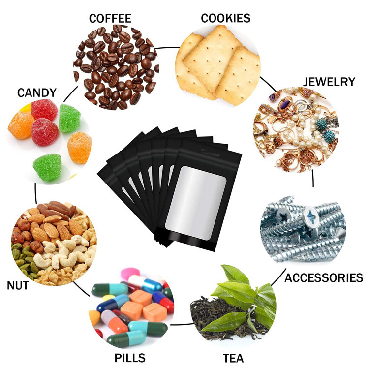 Resealable Smell Proof Candy Black Mylar k Bags With Front Window For Food Storage Coffee Beans, Jewelry Packaging