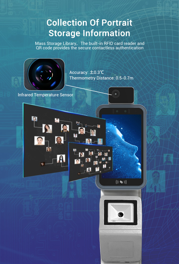 Yecon Face Recognition Temperature Device , 8" Android Body Temperature Detector Machine