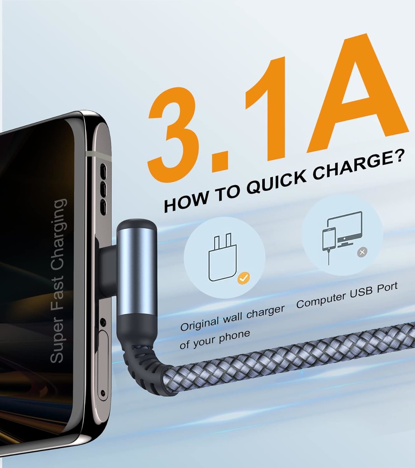 3A USB Type C Cable Right Angle Nylon Braided for iPhone Samsung Galaxy