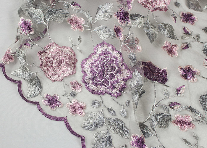 Embroidery Multi Colored Lace Fabric Polyester On Nylon Mesh With Flower Design