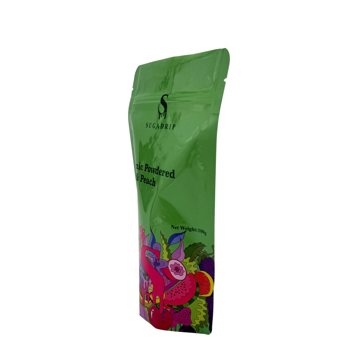 Glossy Green Zipper Sealing Custom Stand Up Pouches For Organic Fruit Powder Packaging