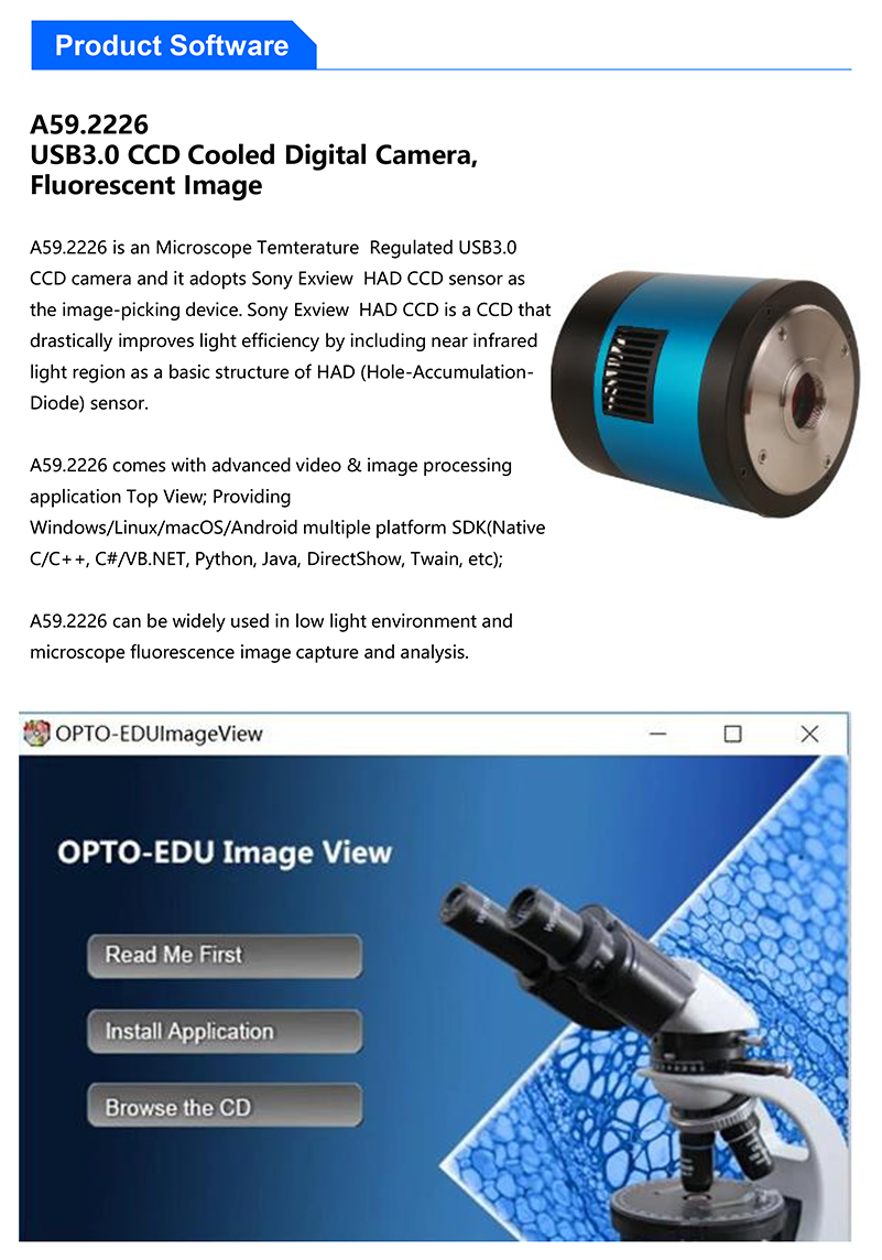 Dc 5v Compound Microscope Parts Usb 3.0 Cooled Ccd Camera 380 - 650nm Spectral Range
