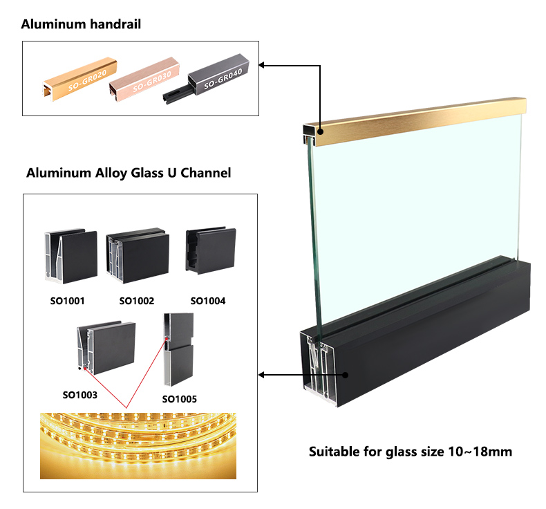 Aluminium Balcony Handrail Railing for Stair Position in Black/Grey/Gold/Rose Gold/Silver