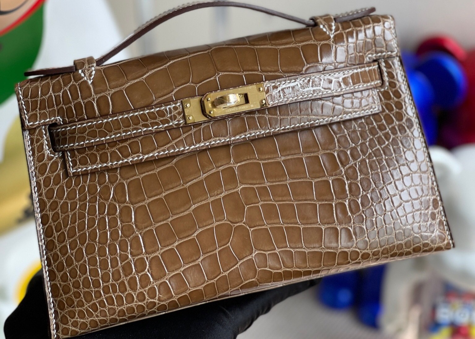 22cm Crocodile Leather Handbags , Tobacco Leather Square Bag