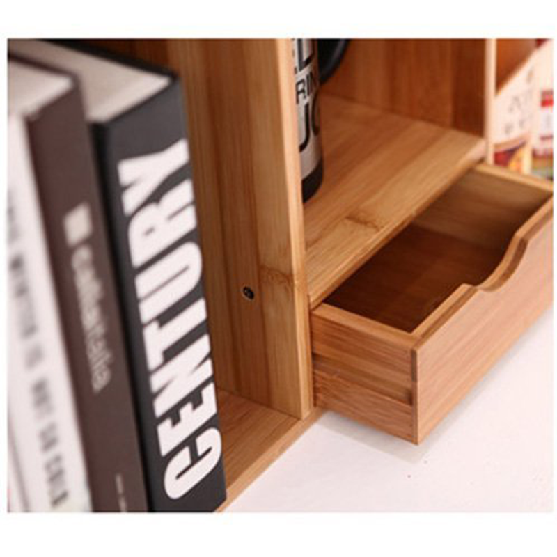 Bamboo Desktop Bookshelf with Drawer and Magazine Rack Storage Holders Single Tier