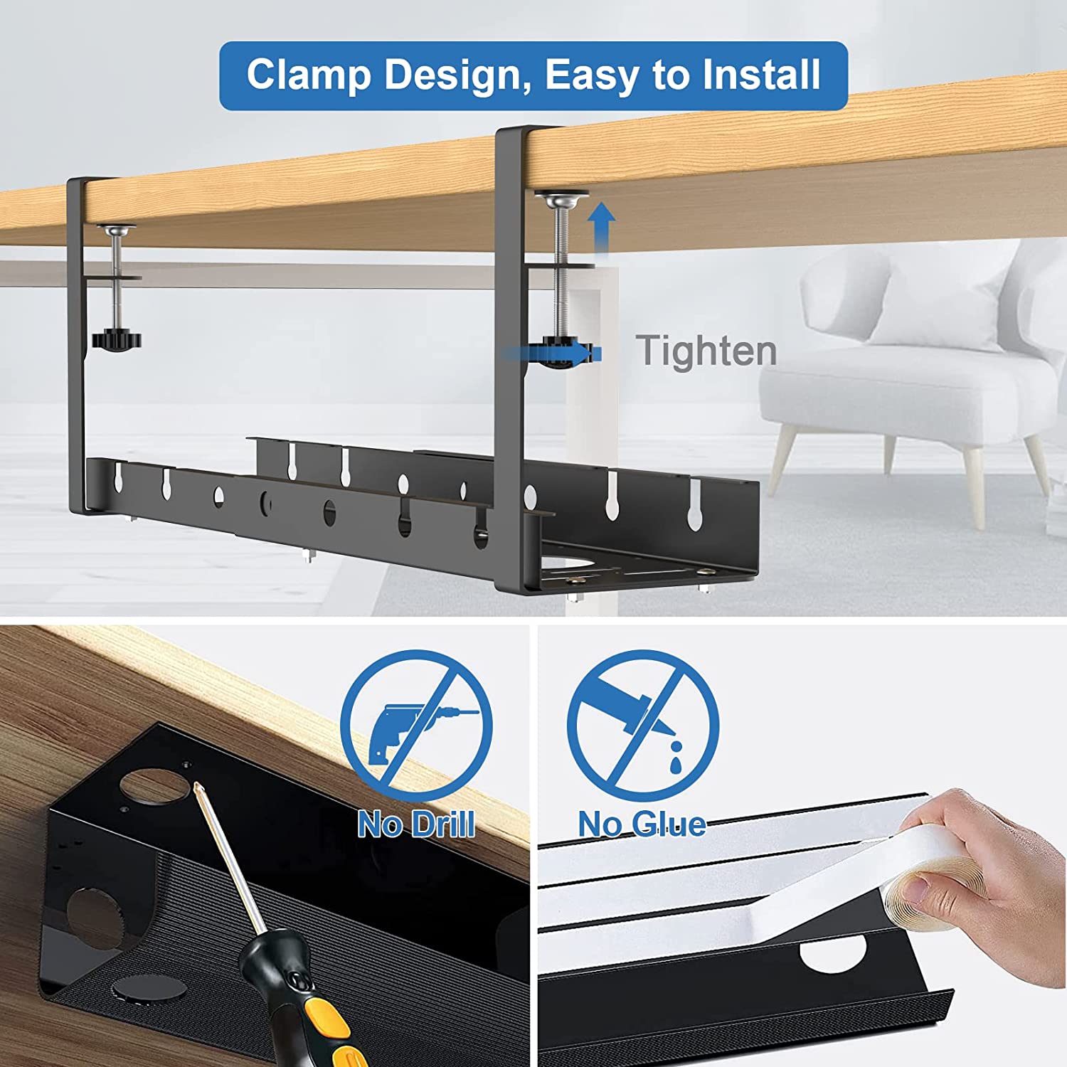 Adjustable Under Desk Cable Management Tray with Hooks Customized ISO9001 Rohs CE
