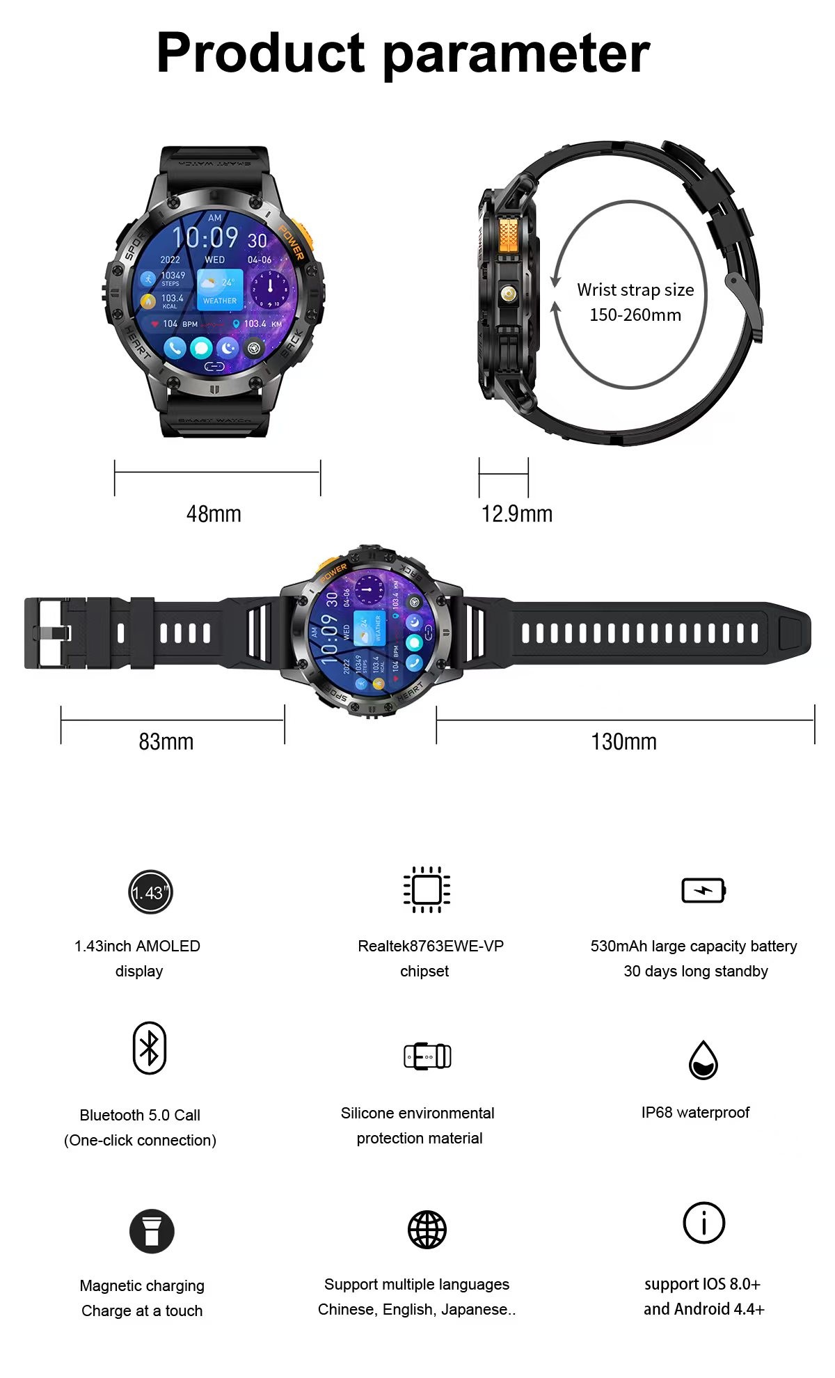K65 SmartWatch Magnetic charging 1.43 Inch Smart Watch Blood Pressure Oxygen Heart Rate