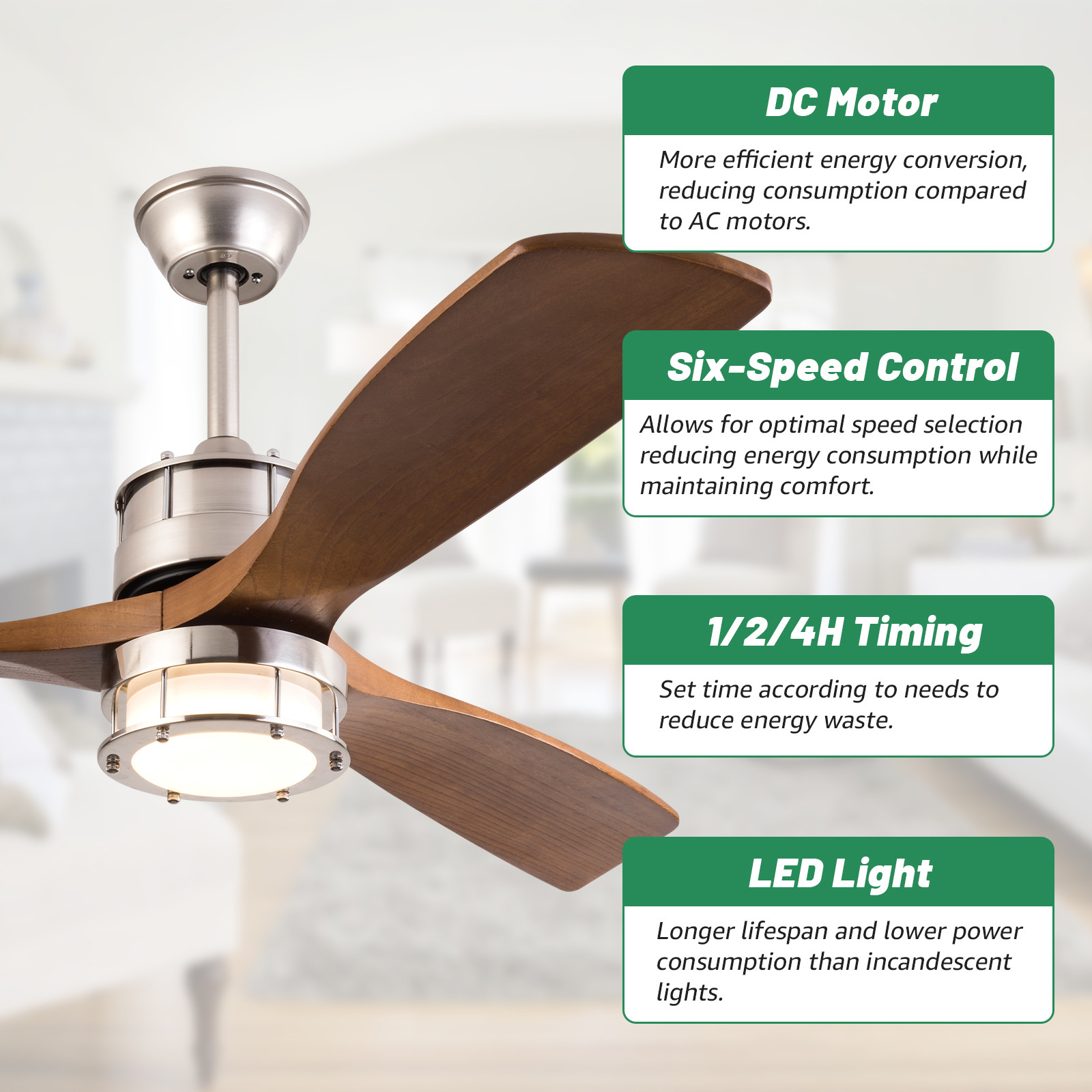 42 Inch 52 Inch Modern DC Motor Remote Control Solid Wood Blade Led Ceiling Fan