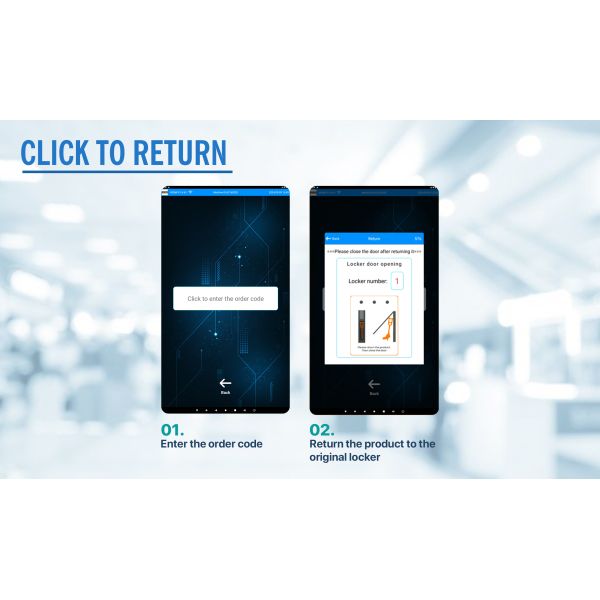 A seamless return process powered by the snowboard rental vending machine. Riders tap “Return,” scan their code or enter the order number, place the snowboard back into the locker, and the system automatically closes the rental and updates availability for the next customer.