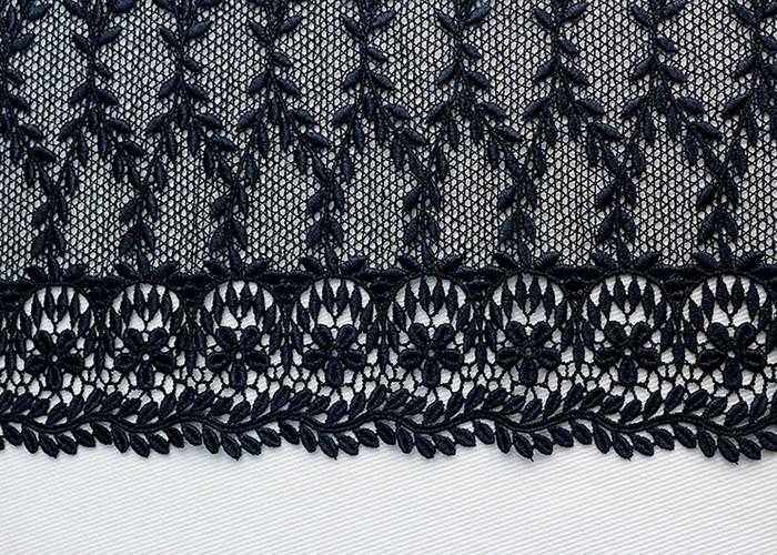 Navy Floral Embroidered Nylon Mesh Lace Trim With Guipure Ribbon Azo Free