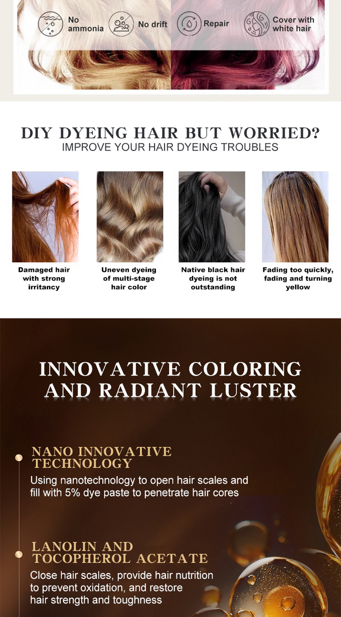 Ammonia Free Hair Color Cream For Covering White Hair Multi Stage Color 100ml