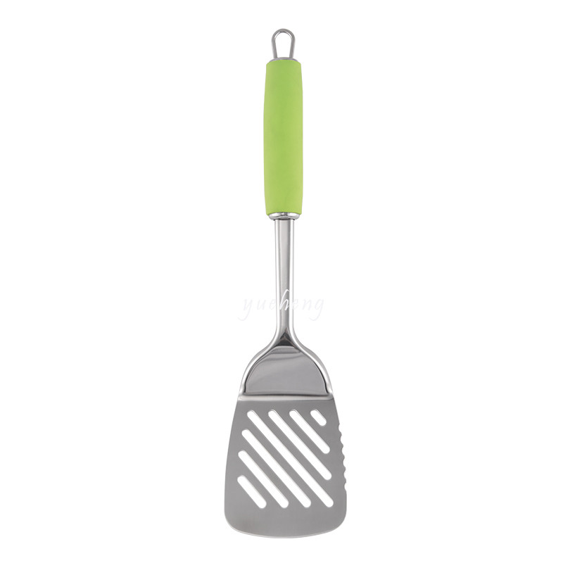 6pieces kitchen tools with Soft handle Green color handle with tray soup scoop Pasta Server Spoon Draining Spoon Slotted