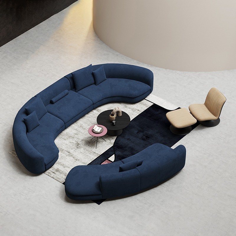 Blue Curved Sectional Sofa Fabric U Shape Lobby Reception Set Furniture
