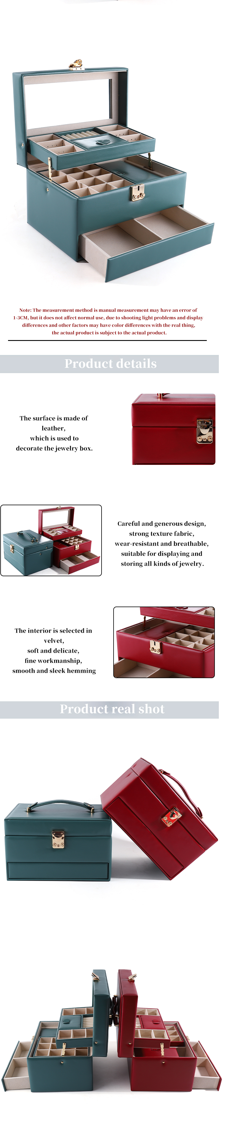 Portable PU Leather Travel Jewelry Drawer Organizer Box With Mirror Multi Function