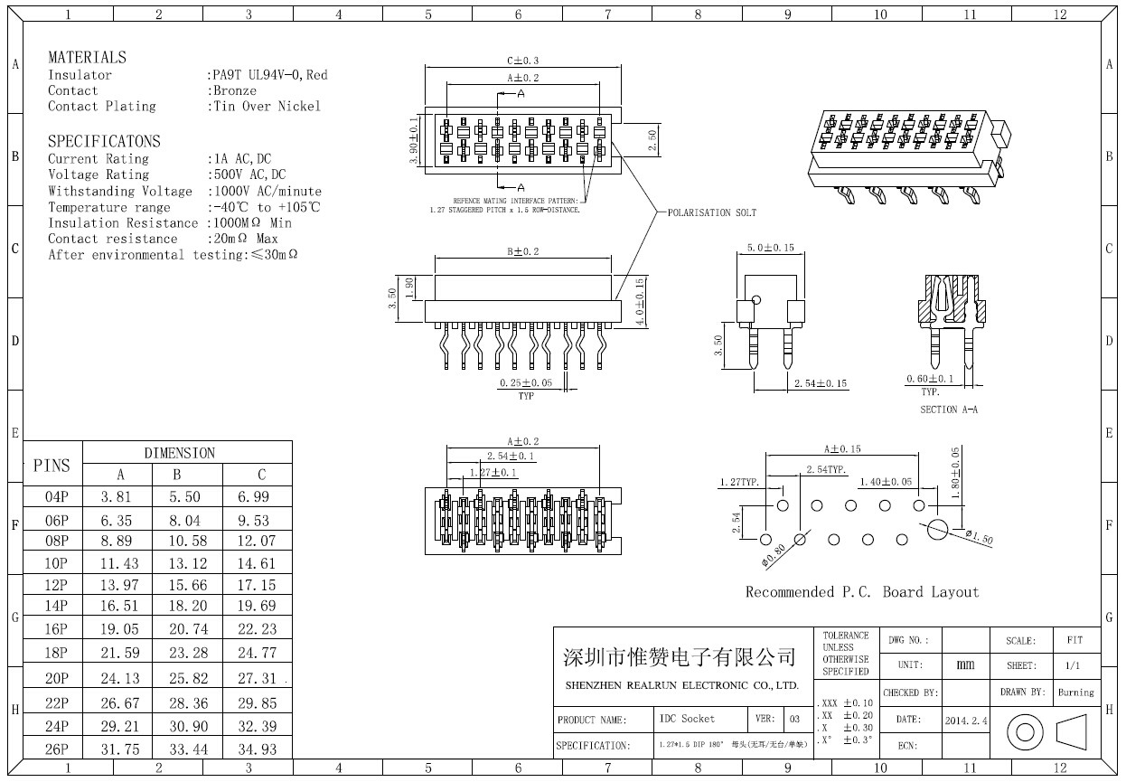 PBT Red Insulation Displacement Connector 16 Pin Female Header 2.54mm Pitch