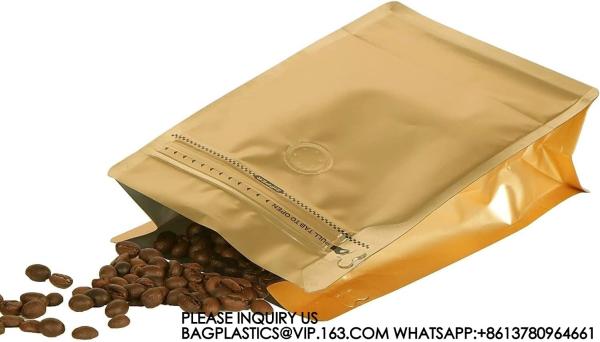 Golden High Barrier Aluminumed Foil Flat Bottom Standing Coffee Beans Storage