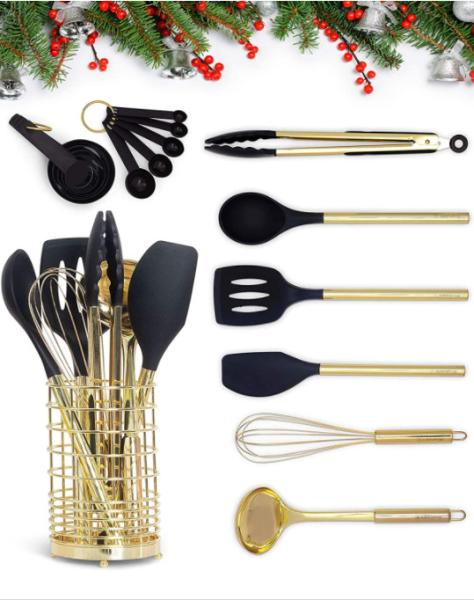 Black & Gold Kitchen Utensils With Metal Gold Utensil Holder 17PC Gold Cooking