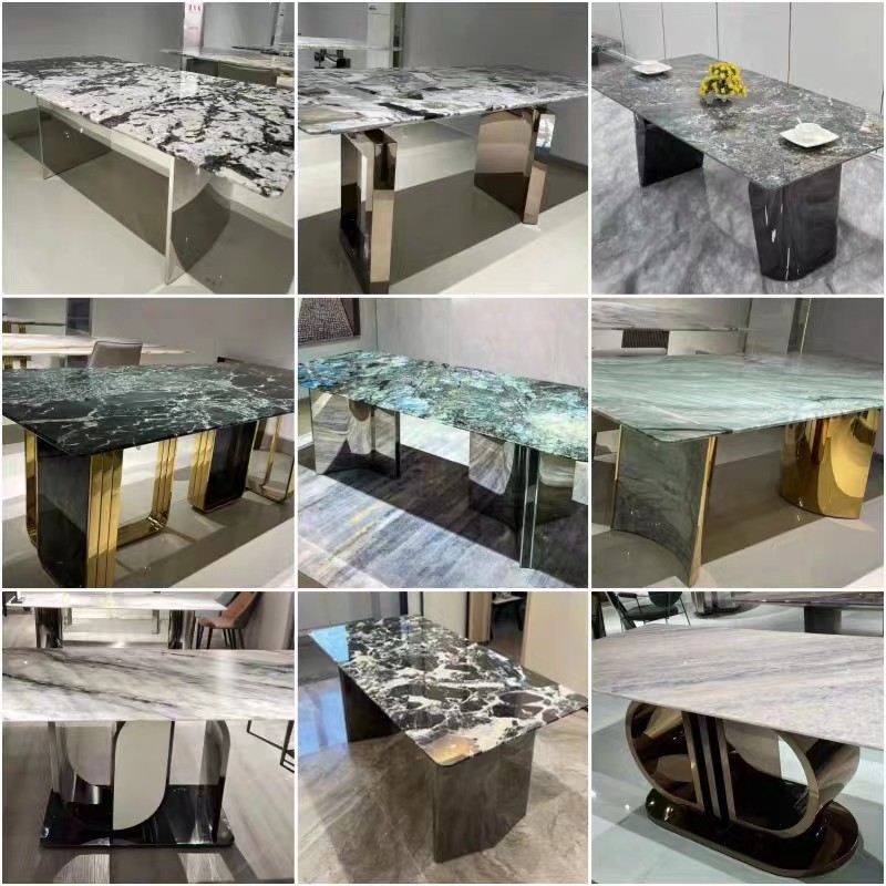 NEXTOP Stainless Steel Marble Top Dining Table Sets Art Base Rectangle
