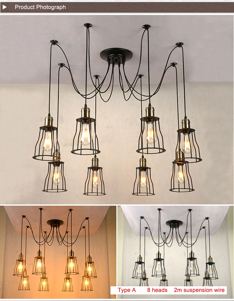 Retro Loft Industrial Chandelier Adjustable E27 Multi Head Lamps Restaurant metal lamp(WH-VP-225）