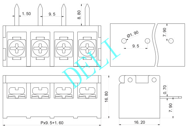 Covered Barrier Type PCB Connector Terminal Block 18-10AWG DL9500SSB-XX-9.5
