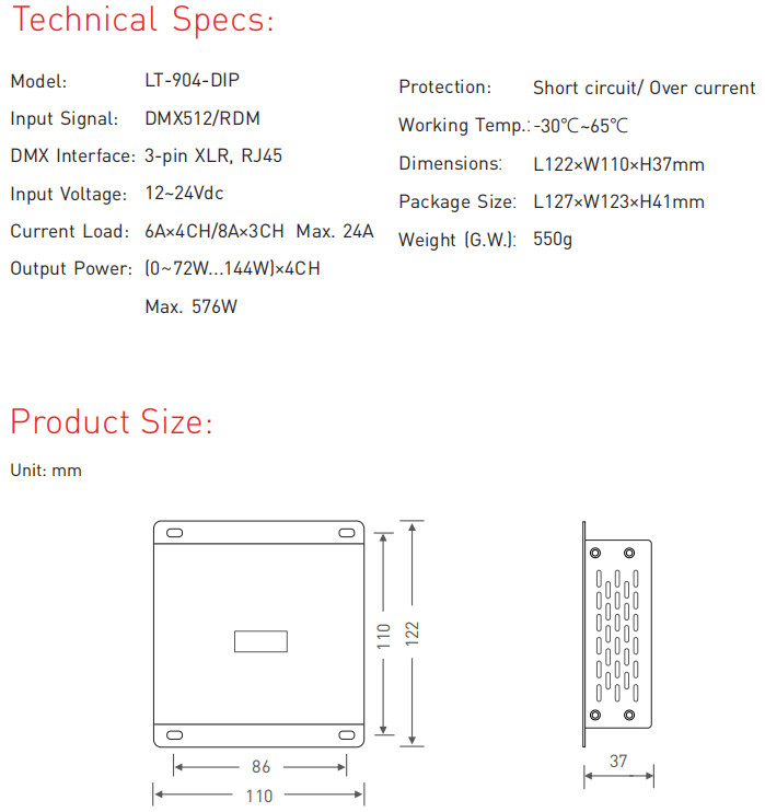 Led DMX Decoder Constant Voltage DC12V-24V 6A*4CH RJ45 4 channel output