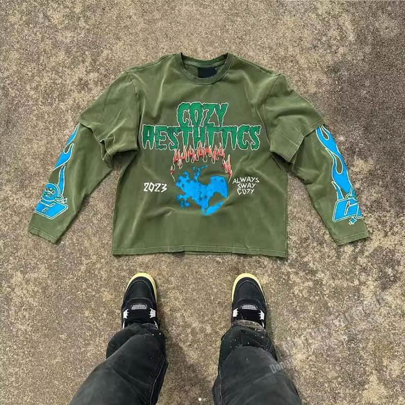 Custom Print Logo Graphic Tee Top Screen Printed Heavy Cotton Double Layer Streetwear Vintage Long Sleeve T-shirts for Men