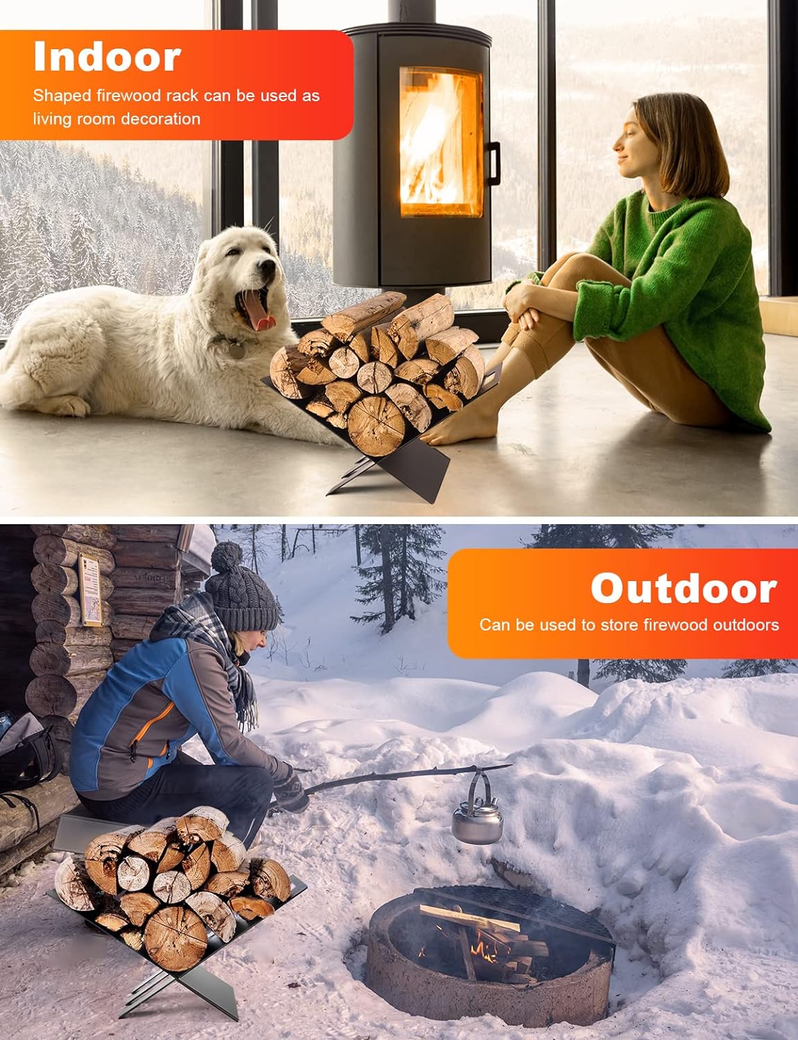 Fireplace Wood Storage Frame Bracket Black Power Coating Indoor Log Holder for Outdoor