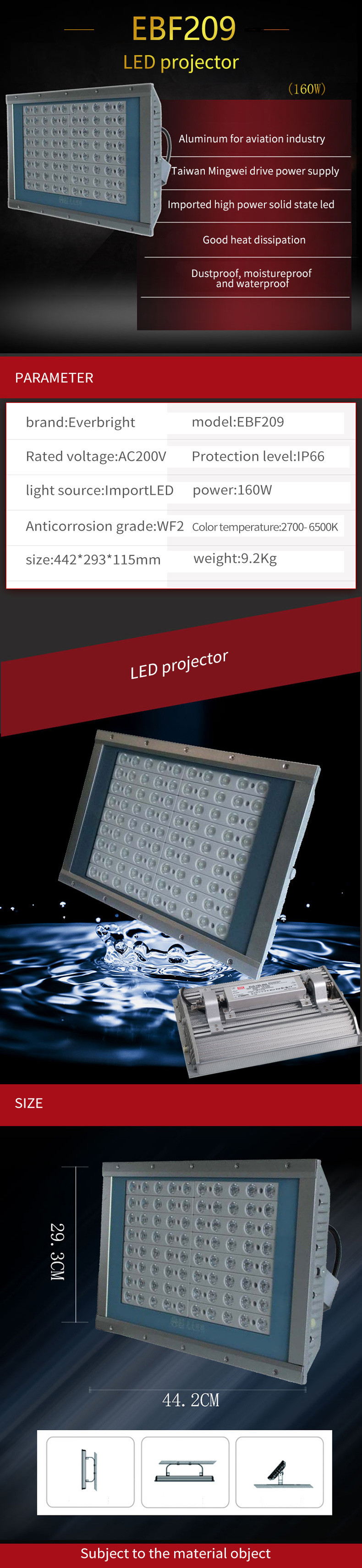 Waterproof 160W High Power Industrial Warehouse Outdoor Stadium LED Flood Light