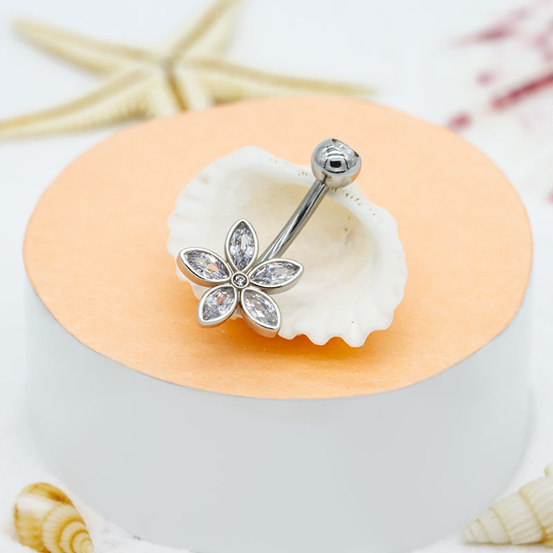 Flower Marquise Crystals Silver Gold Navel Belly Ring Surgical Steel Piercing 14G