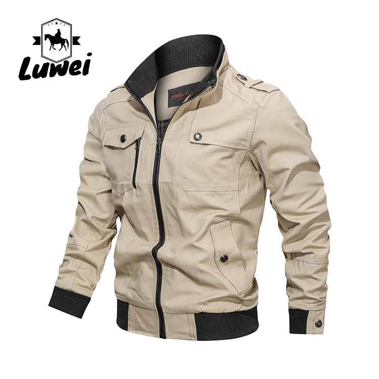 Windcheater Giacca Cotton Thin Fall Top Abrigos Hombre Utility Long Sleeve Oversize Solid Color Jacket with Zipper