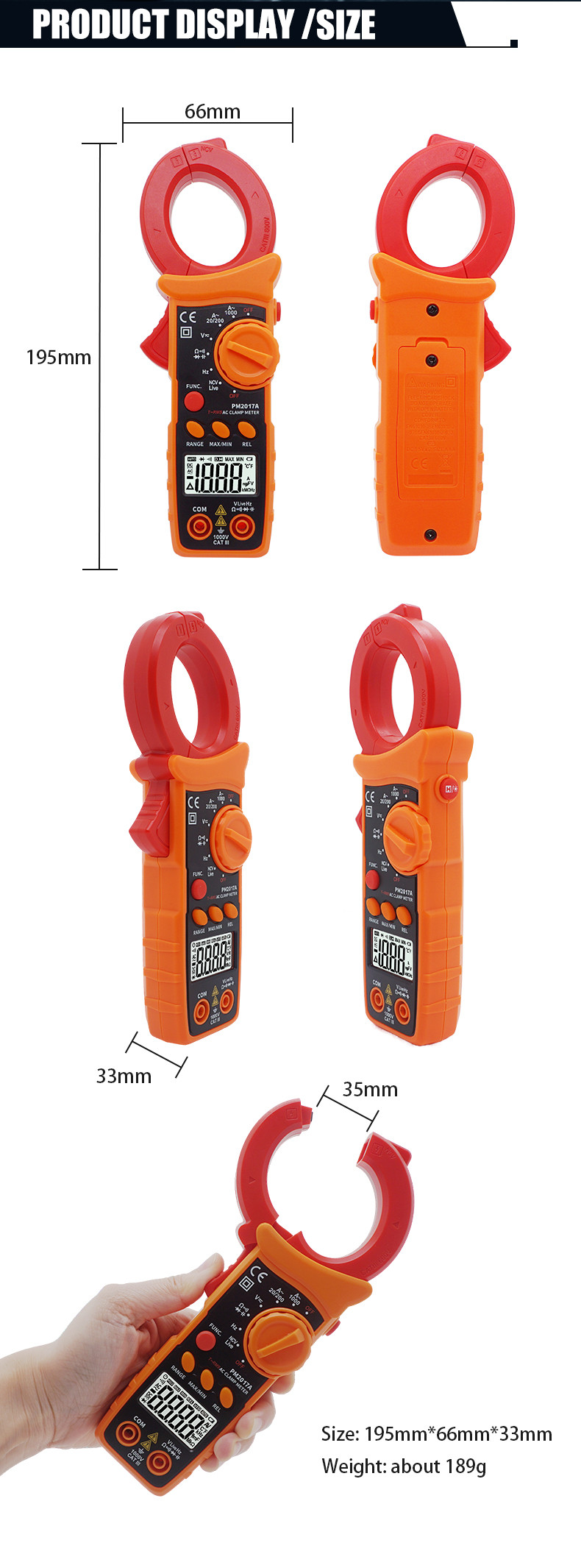 Ture RMS Digital AC Clamp Meters With Auto Range 1000A AC Non-Contact Voltage detaction Resistance